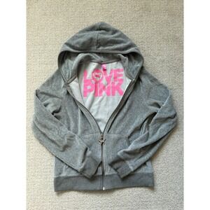 PINK Y2K Velour Zip Hoodie Size XS-S Gray Dog Logo Zipper Pull